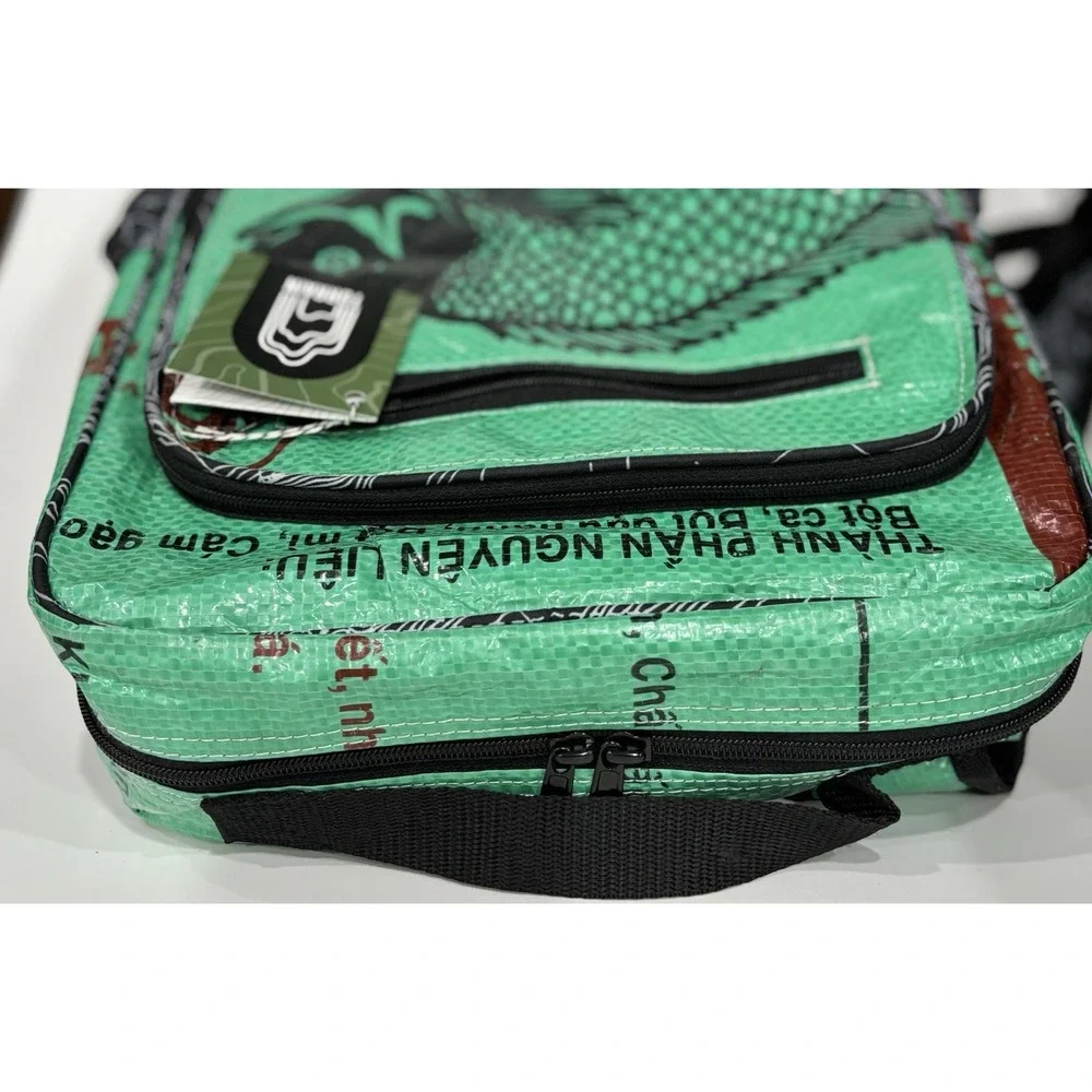 Torrain Upcycled Vietnamese Feed Sack Backpack Green Fish Print NWT